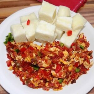 Yam and egg sauce with choice of hot or cold drink